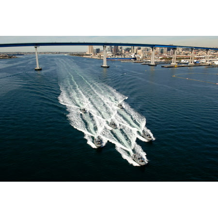 US Navy patrol boats conduct operations near the Coronado Bay Bridge in San Diego California Poster Print by Stocktrek