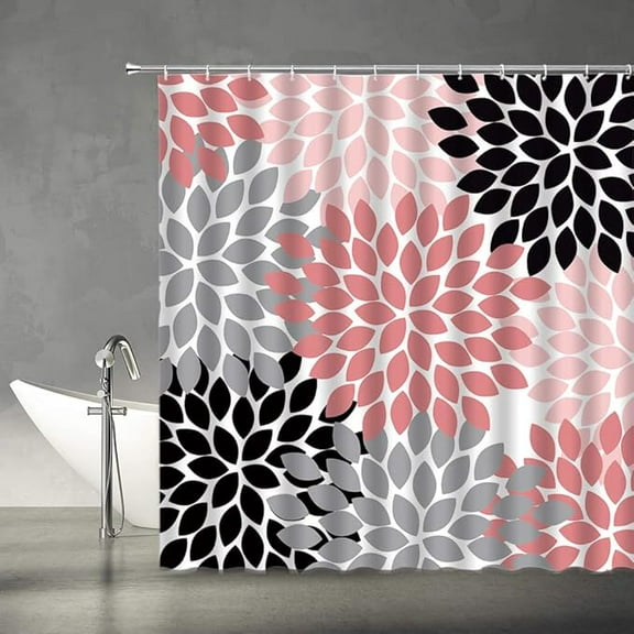 Dahlia Shower Curtain Pinnata Floral Black Gray Coral Pink Flower Pattern Fabric Bathroom Decor Set With Hooks 65"W x 72"L