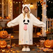Girls Long Fleece Hooded Nightgown with Bear Ears Funny Tongue Face Star Embroidery Sleep Dress Plush Loungewear