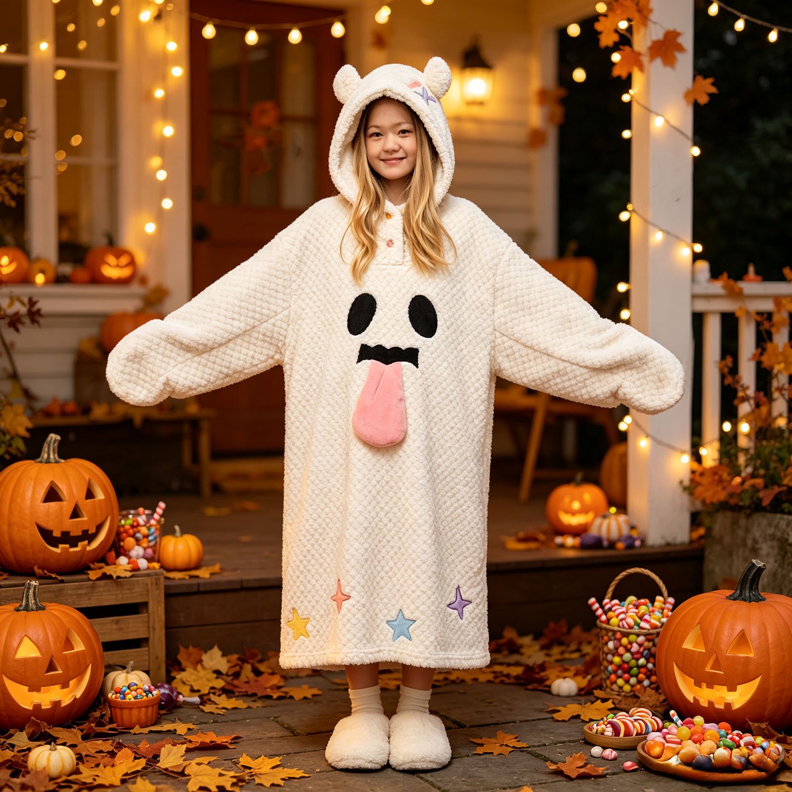 Girls Long Fleece Hooded Nightgown with Bear Ears Funny Tongue Face Star Embroidery Sleep Dress Plush Loungewear