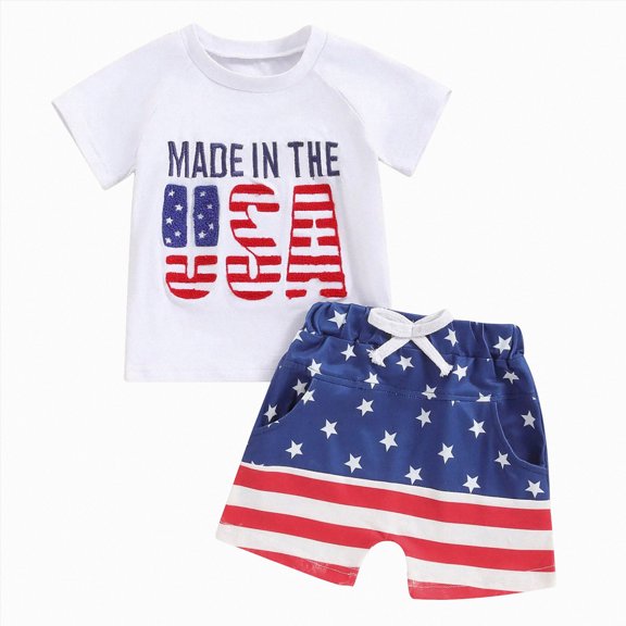 Toddler Baby 4th of July Outfits 6 12 18 24 Months 2T 3T Letter Print Round Neck Short Sleeve T-Shirts Tops Stars Print Shorts 2Pcs Clothes Set Kaprioy Boys Suit