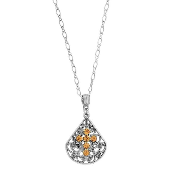 1928 Jewelry Topaz Crystal Cross Fan Filigree Teardrop Pendant Necklace For Women 16" 3" Extender
