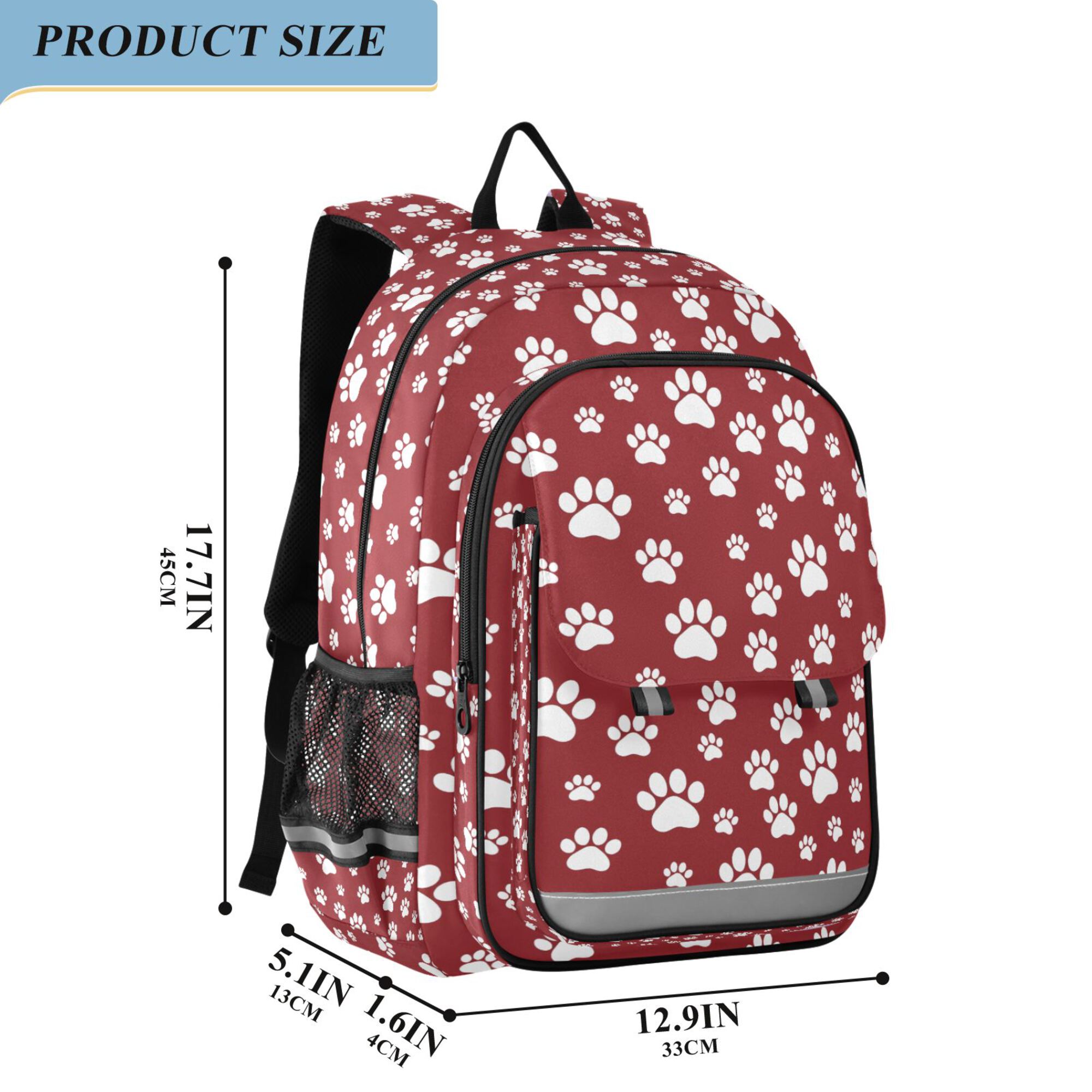 Mochila para niños para la escuela unisex 17" casual con compartimentos, estampado rojo de patitas de dibujos animados 2