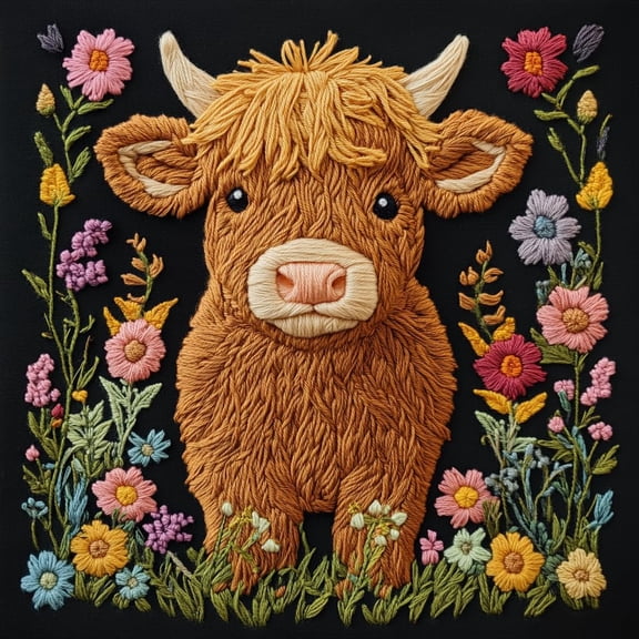 DIY Punch Needle Kits Little Highland Cow in Flowers Easy for Beginners Punch Needle Embroidery Set for Craft lovers with Printed Pattern and Hoop for Home Decor 20x20cm-18