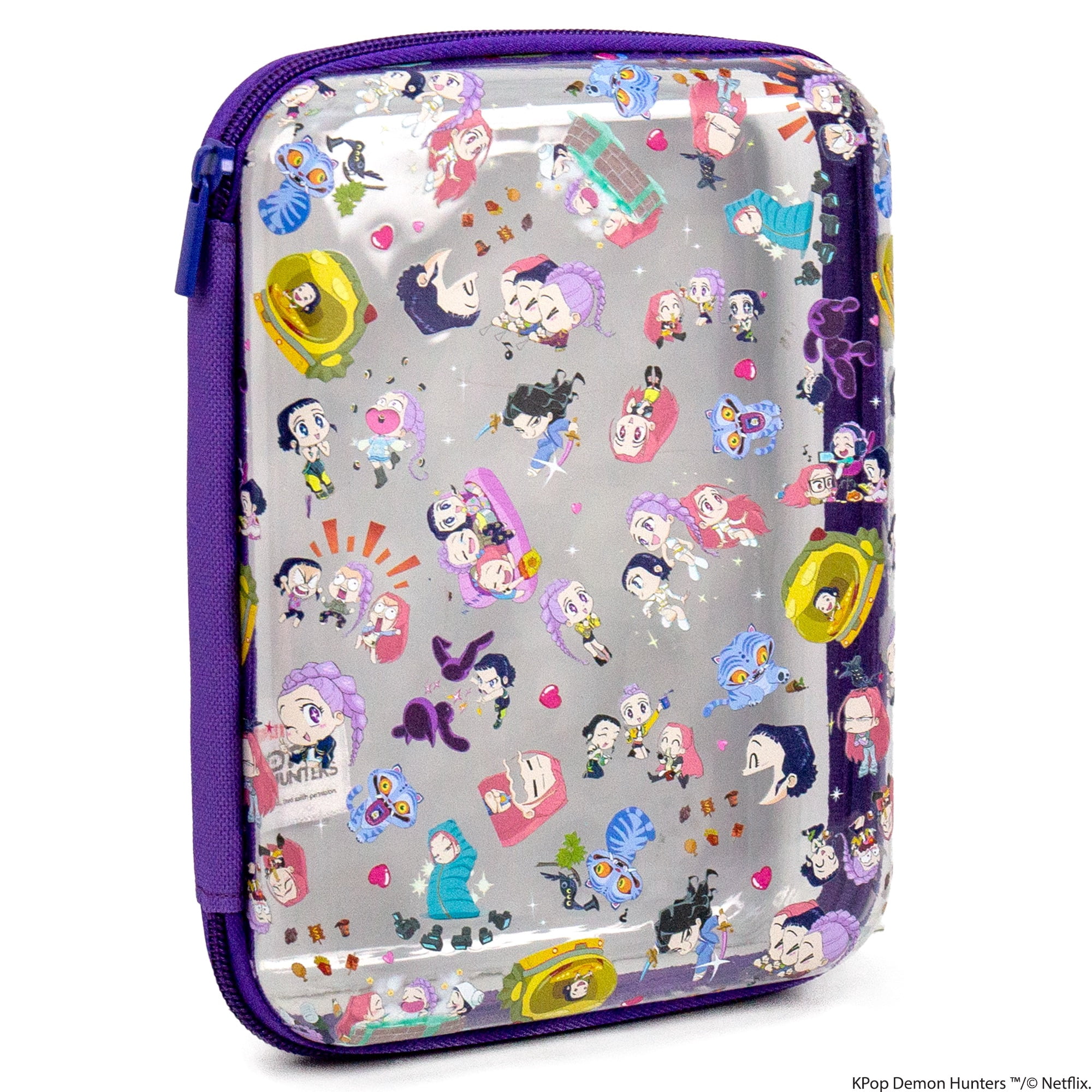 Netflix KPop Demon Hunters Chibi-Style Clear Pvc Pencil Case with Purple Trim