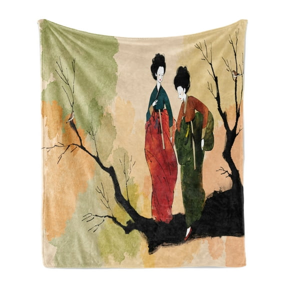 Korean Soft Flannel Fleece Blanket, Women in Traditional Clothes Standing on a Tree Branch Watercolor Style, Cozy Plush for Indoor and Outdoor Use, 50" x 60", Pale Peach Multicolor, by Ambesonne