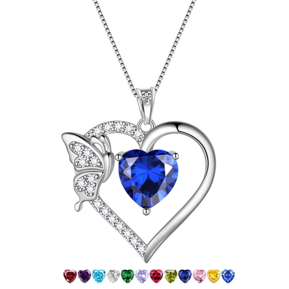 Juwaliy Blue Heart Necklace Butterfly 925 Sterling Silver September Birthstone Sapphire CZ Pendant Jewelry Women Christmas Mother's Day Gift