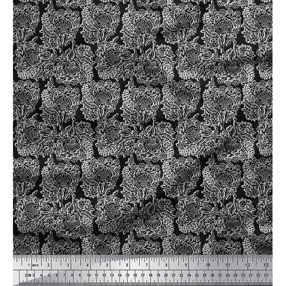 Soimoi Polyester Crepe Fabric Leaves & Floral Block Printed Craft Fabric by The Yard 42 Inch Wide