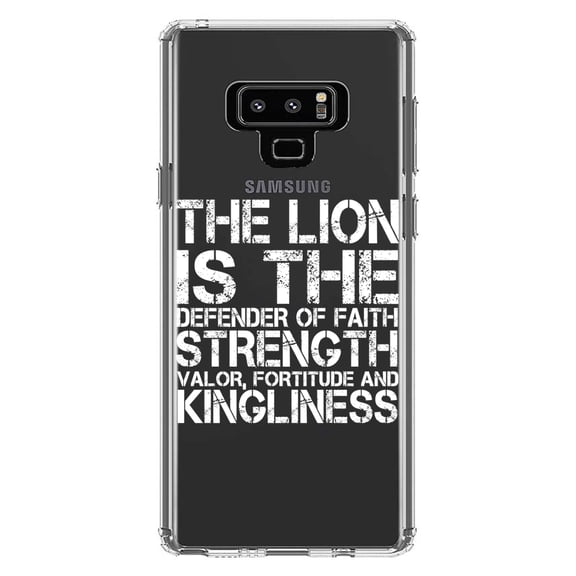 DistinctInk Clear Shockproof Hybrid Case for Samsung Galaxy Note 9 - TPU Bumper Acrylic Back Tempered Glass Screen Protector - Lion - Strength Valor Fortitude Kingliness