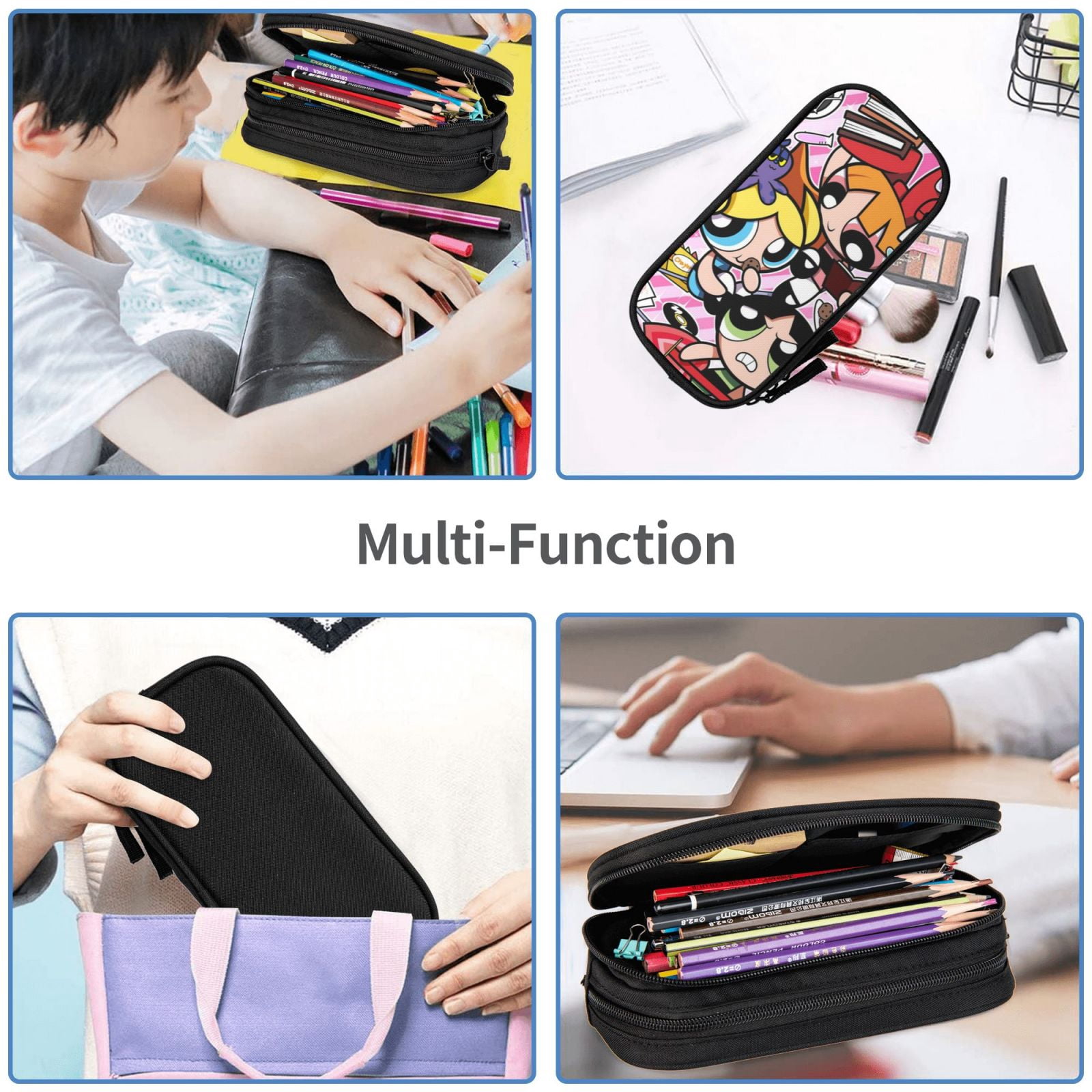 The Powerpuff Gi-rls Pencil Case Large Capacity Pencil Pouch Pen Bag Office Stationery Organizer Travel Makeup Bag Black