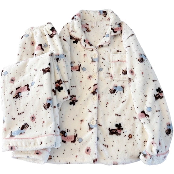 Dachshund Pajama Set for Women - 2 Piece Fluffy Fuzzy Top & Pants Coral Fleece Loungewear Loose Sleepwear Winter Warm Pjs