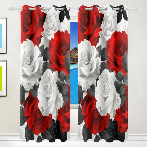 Red Grey Roses Flowers Black Out Curtains 84 Inch Length for Bedroom Living Room Windows 2 Panels Set