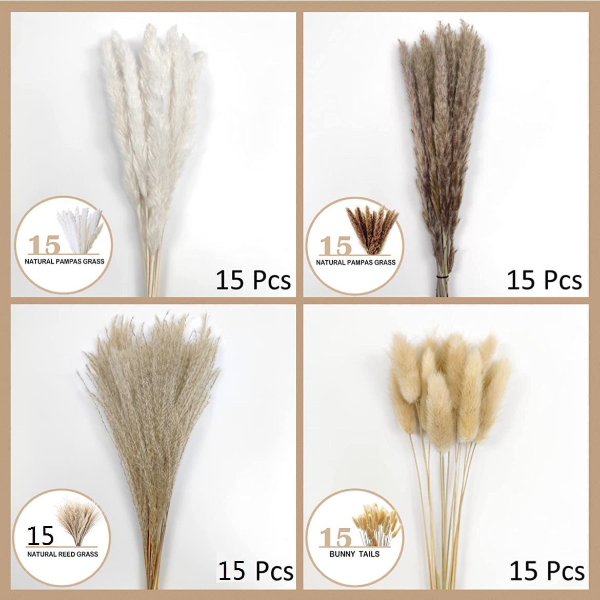 Glamativity Total 104 Pcs /11 Various Dried Pampas Grass Décor, White Pompous Grass, Bunny Tails Dried Flowers Reed Grass, 17 inch Pompass Grass for