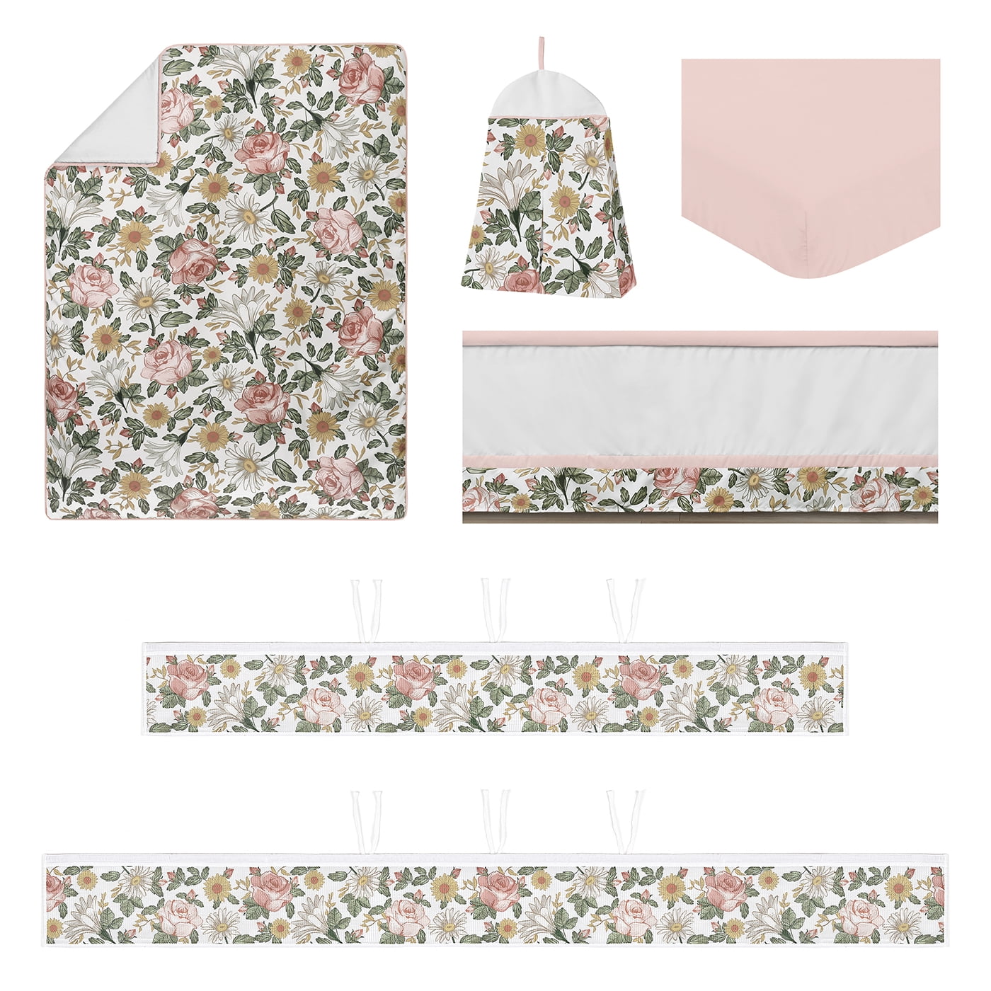 Sweet Jojo Designs Vintage Floral Pink Green and Yellow Crib Bedding + BreathableBaby Breathable Mesh Liner Pad