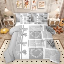 Manfei Romantic Love Heart 7pcs Bedding Comforter Set for Female, Kawaii Cartoon Bow-tie Queen Bedding Sets, Grey Buffalo Plaid Reversible Queen Sheet Sets, Lightweight Room Decor