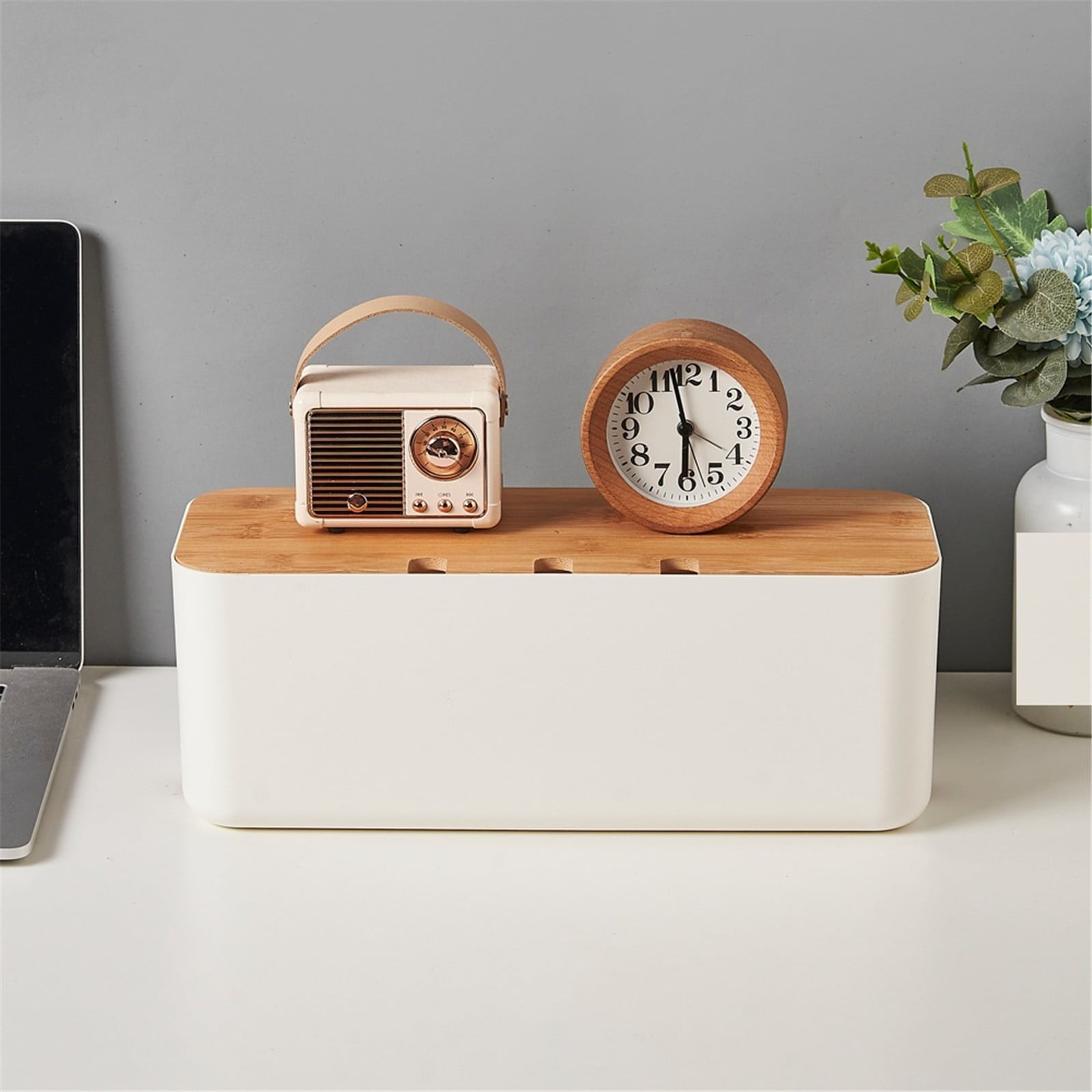 MOPOOR 2PCS White Cable Management Box with Wood Lid Desk TV Wood Lid Computer USB Hub Cable Organizer Box To Cover and Hide Power Strips Wires for Home Office