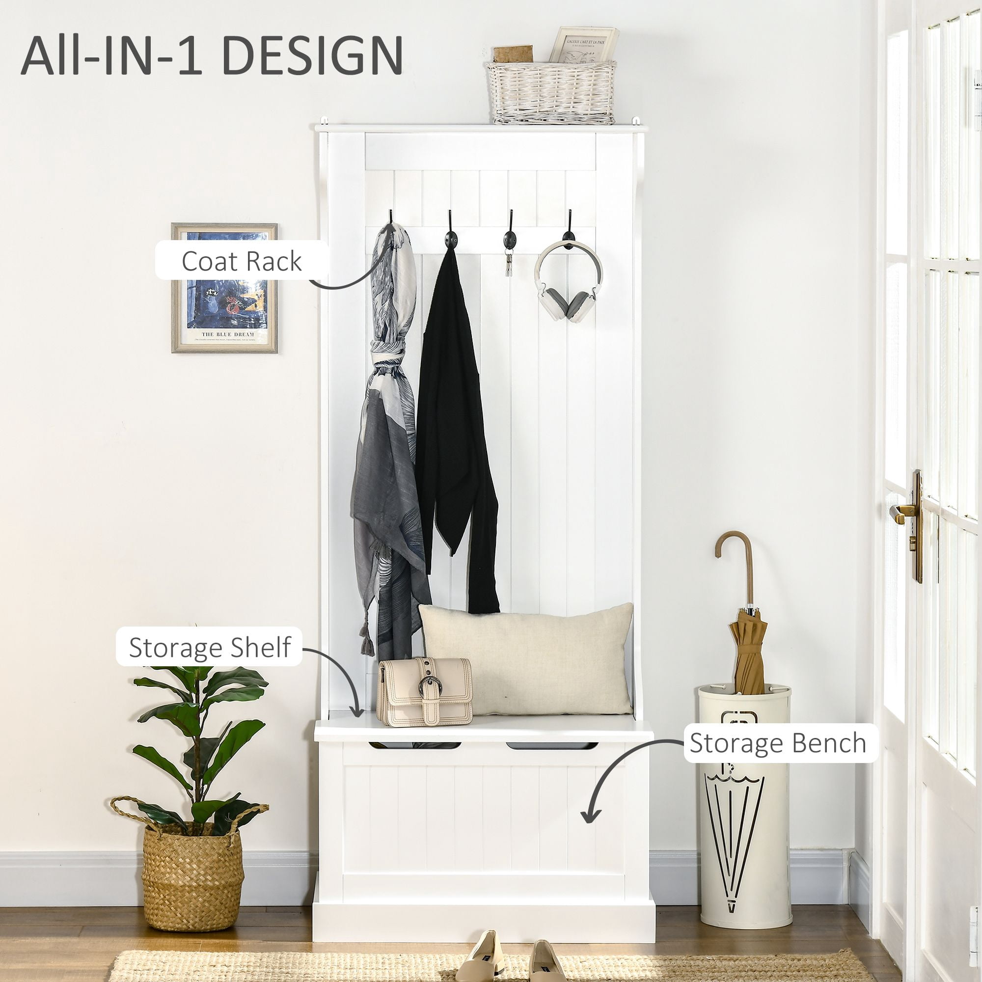28.25IN Hall Tree with Storage Bench and Coat Hooks Entryway Mudroom Organizer with Anti-Tipping Device