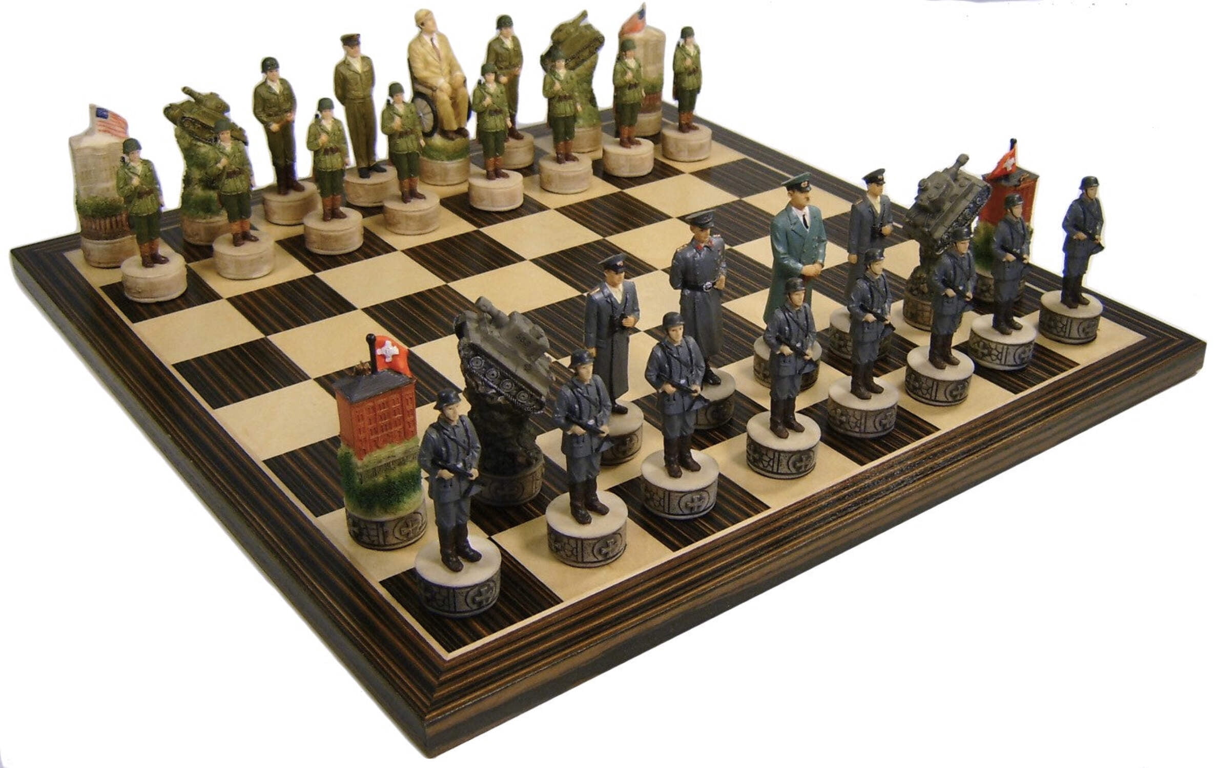 World War 2 US vs GERMANY Chess Set W/ Ebony Black  Maple 14" Wood Board