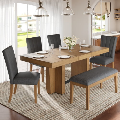 DRNANLIT Extendable Wood Dining Table Set for 6, Kitchen Table with Bench & 4 Upholstered Chairs, 3.8" Thick Top & Trestle Legs, Brown Gray