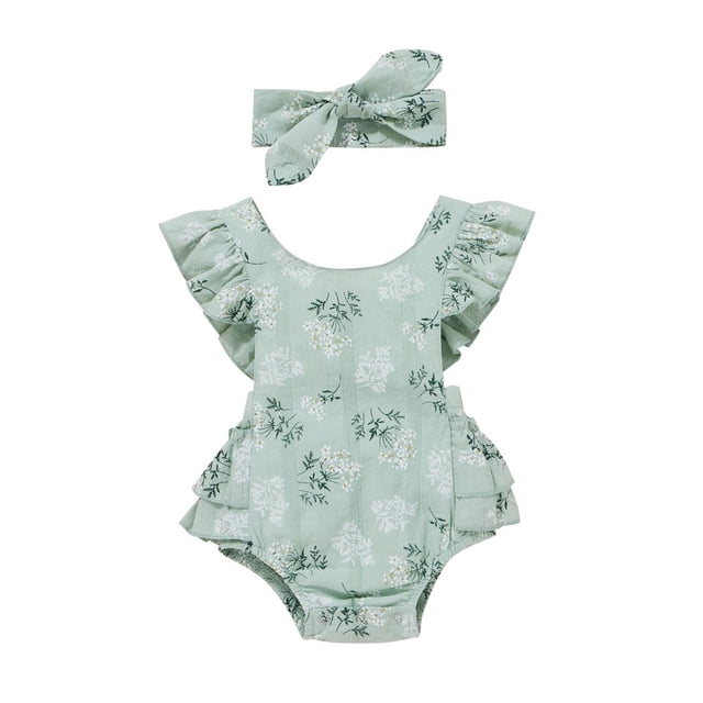 Ensemble d'Été pour Enfants : Cache-Couche à Col à Manches Volantées à Imprimé Floral + Bandeau