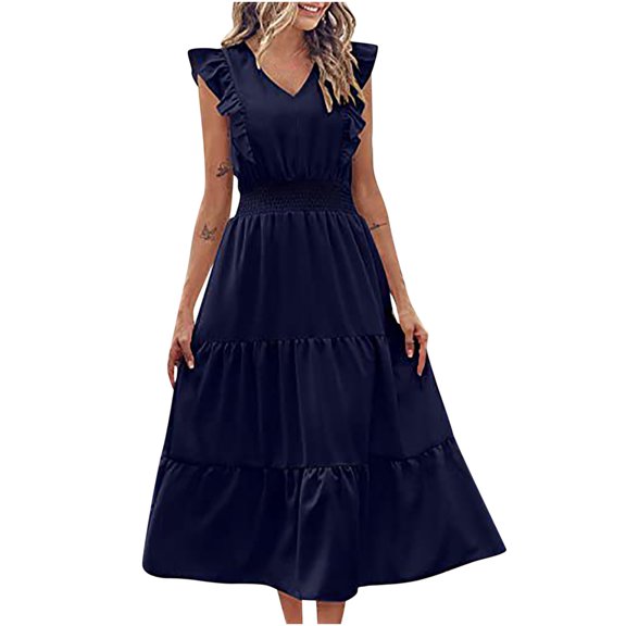 QUYUON Midi Dresses for Women 2023 Summer V Neck Sleeveless Tank Dress Elastic Waist Ruffle Tiered A-Line Boho Beach Sundress Casual Loose Evening Party Cocktail Dresses Navy L