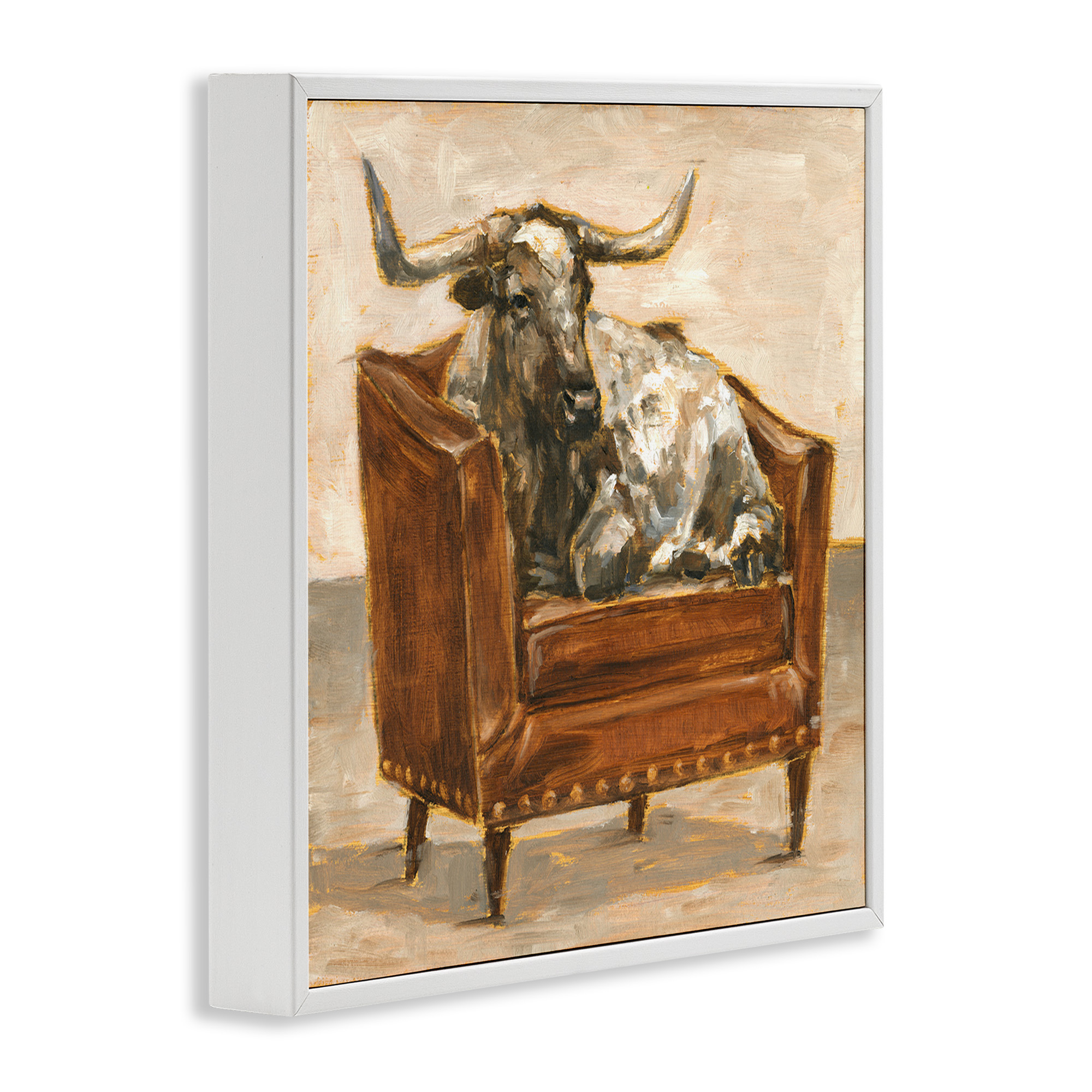 Stupell Industries Brown Bull Resting in Chair Painting Animals & Insects Painting White Framed Art Print Wall Art, 24 x 24