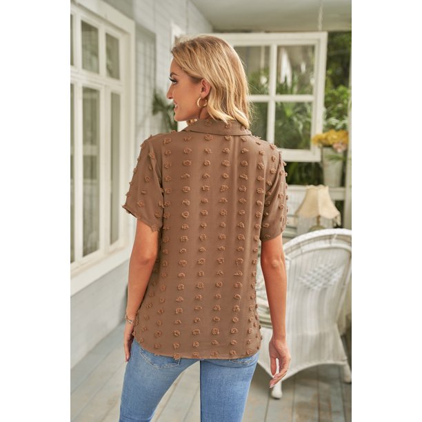 ABPHQTO Camisa de mujer de manga corta con cuello vuelto y botones suizos abotonada marrón