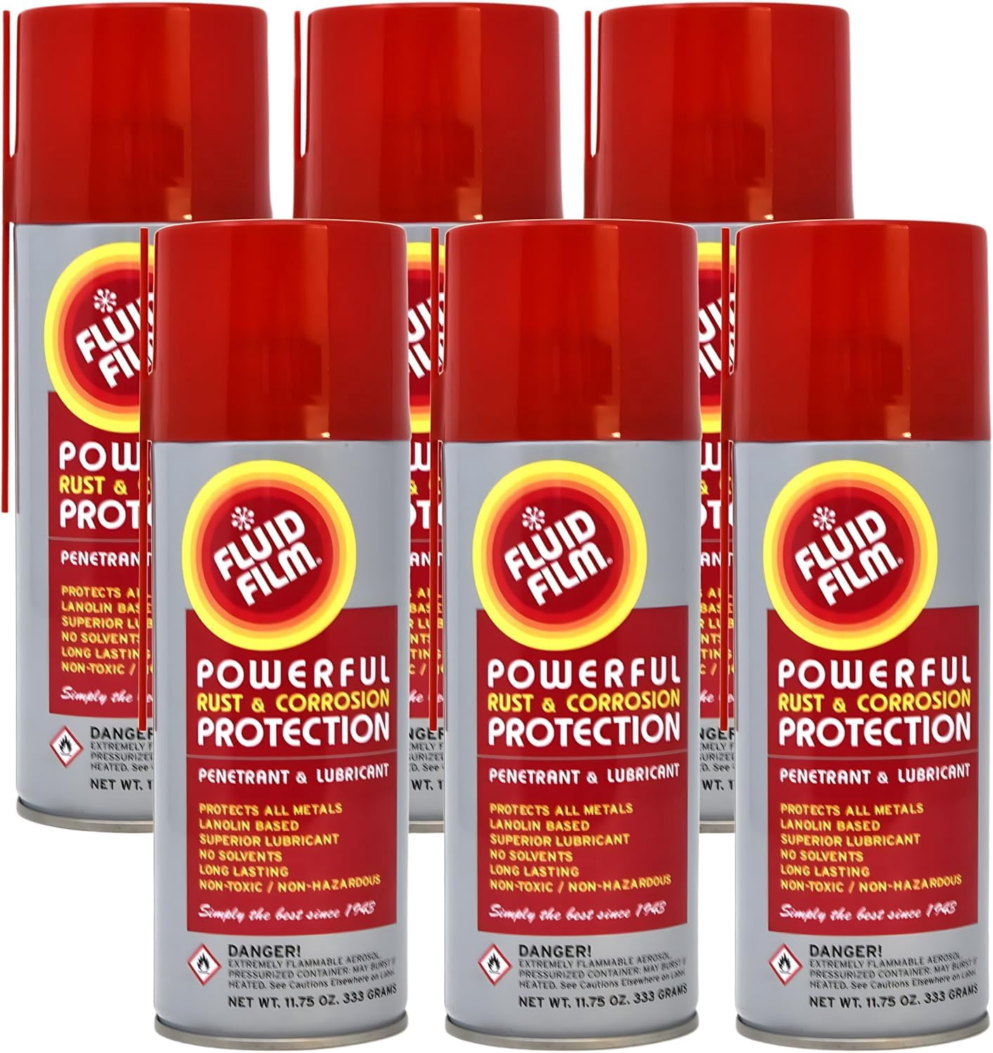 Fluid Film 11.75 oz Penetrating Oil Spray 6 Pack, Spray Can Extension Wand, Can-Gun1 Premium Can Tool Aerosol Spray, FLAS11RD