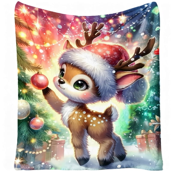 1pc Cozy Plush Flannel Blanket - Cute Reindeer with Antlers & Christmas Tree Print, Soft Warm 280gsm All-Season Bedspread & s, Bed, Sofa, Couch