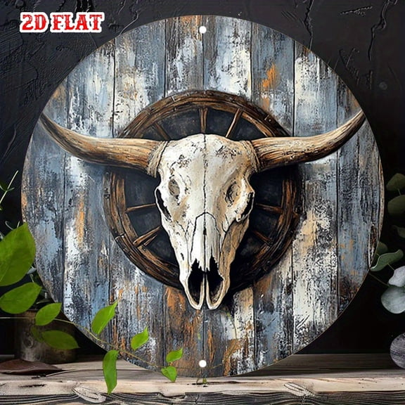 HELLOYOUNG Vintage Bull Skull Round Metal Wall Art, 7.8 Inch Rustic Western Home Decor, Wild West Farmhouse Bedroom Living Room Decoration