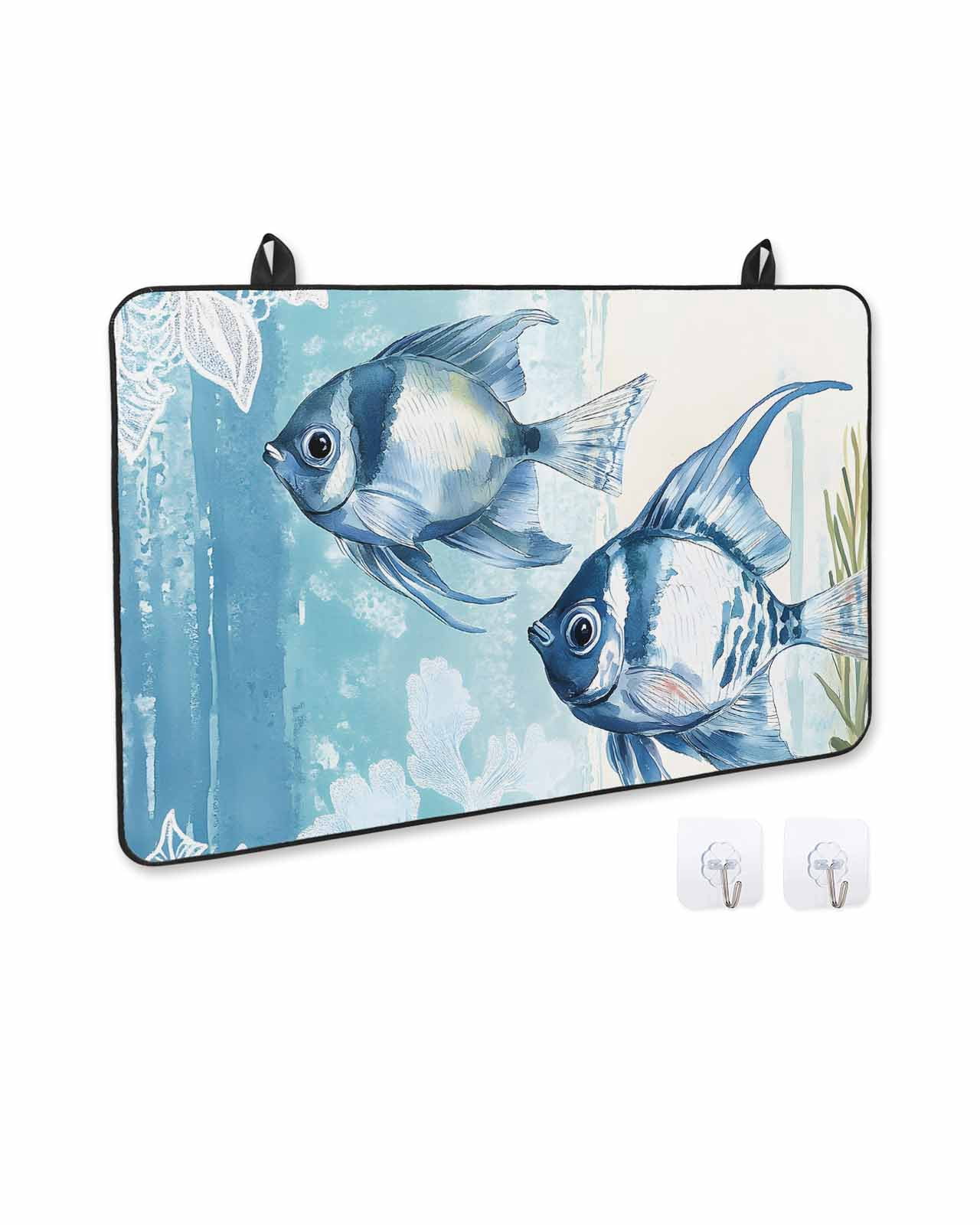 nqOlkjepod Large Induction Cooktop Protector Mat 24"x21", Summer Ocean Blue Stove Top Covers for Electric Stove, Watercolor Fish Flower Decorative Stove Burner Cover Mats, Glass Top Stove Cover