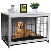 Arlopu Wooden Dog Crate Furniture End Table with Doors Pet Crate Dog Kennel Indoor with Removable Tray