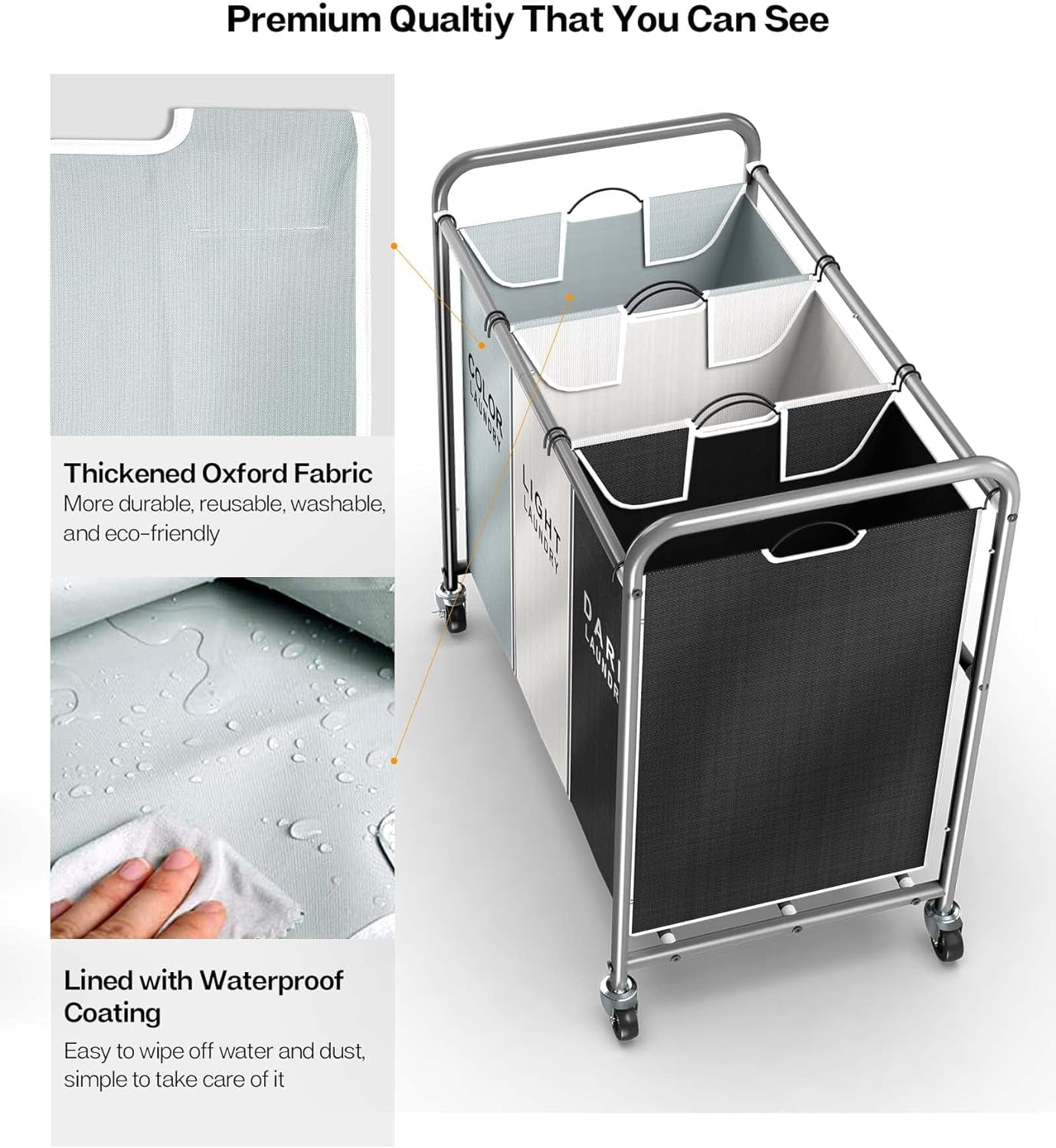 Laundry Sorter 3 Section, Separated Laundry Basket with Wheels, Rolling Laundry Hamper Cart with Large Capacity and Removable Bags, Divided Clothes Hamper for Family Laundry, Multicolor
