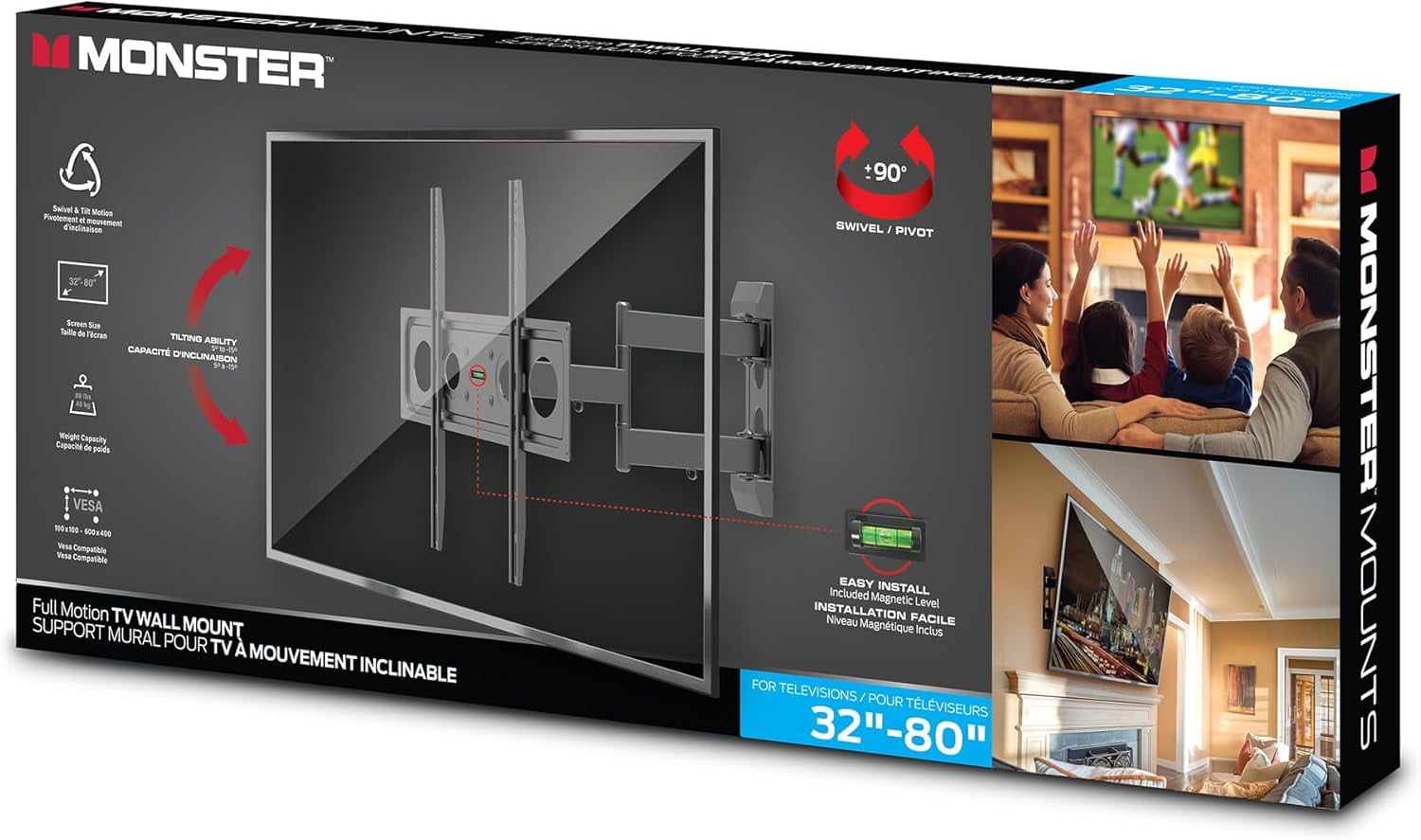Monster Full Motion TV Mount for 32”-80” TVs up to 88 Lbs., Flat Panel Swivel & Tilt Television Mount, Heavy Gauge Steel Construction, Tilts 5° - -15°, 90° Swivel