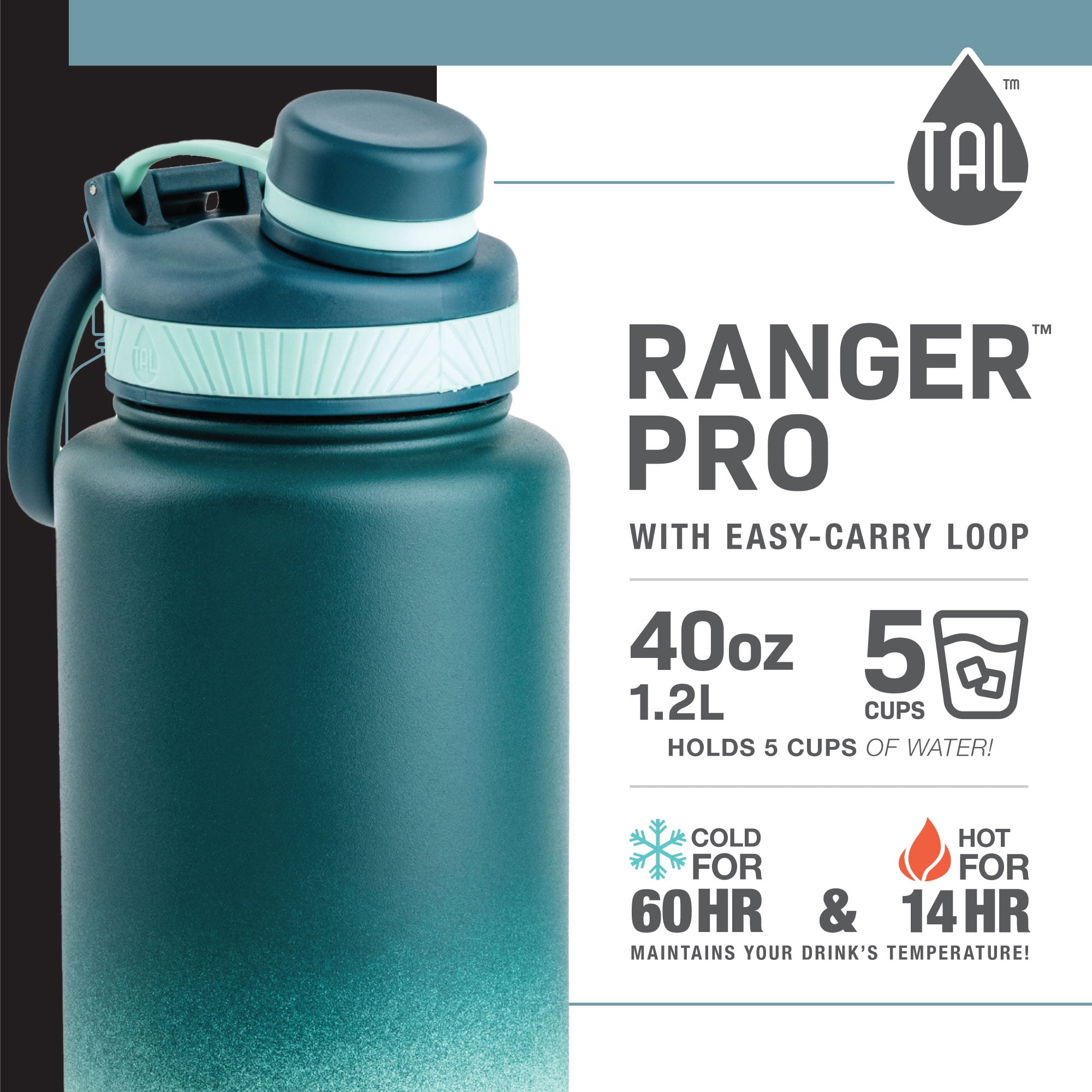 TAL Stainless Steel Ranger Water Bottle 40oz, Ombre Green