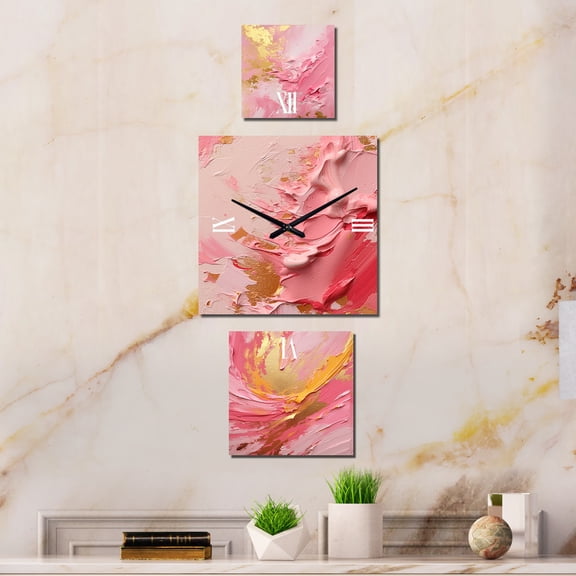 Designart "Emerging Energies in Pink and Gold III" Abstract Print Oversized Wall Clock - Set Of 3 - Multipanel Clock For Living Room Décor - Large Contemporary Wall Clock