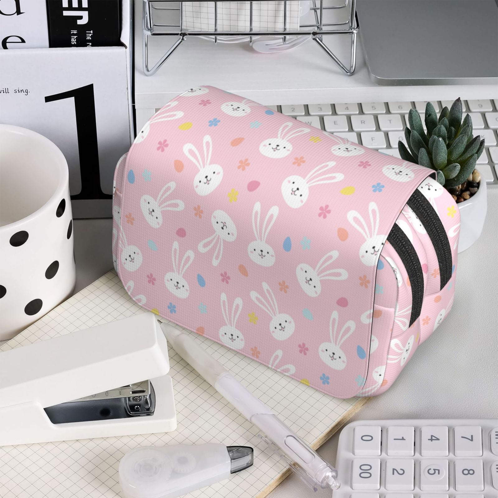 Rateoe Easter Cute Rabbit Pattern Double Clamshell Pen Case, Storage Organizer with Two Zipper Compartments– Holds Up to 50 Pencils & Pens