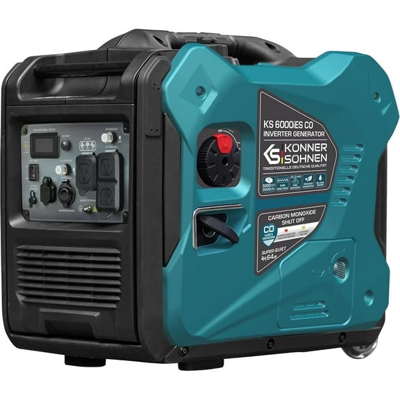 Konner & Sohnen Gasoline Inverter Generator 5500 Watt 120V Quiet CO Sensor Foldable Handle Wheels Multiple Outlets