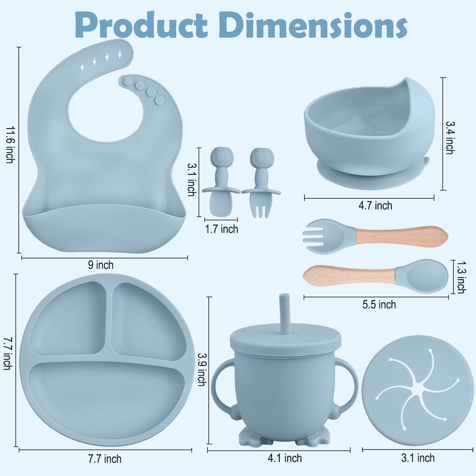 Lumikrypt 9 Pcs Silicone Baby Feeding Set, Baby Led Weaning Utensils, Baby Suction Bowl, Plates, Bib, Spoons Set, Sippy Cup with Straw, Baby Self Feeding Supplies Set(Grey blue)