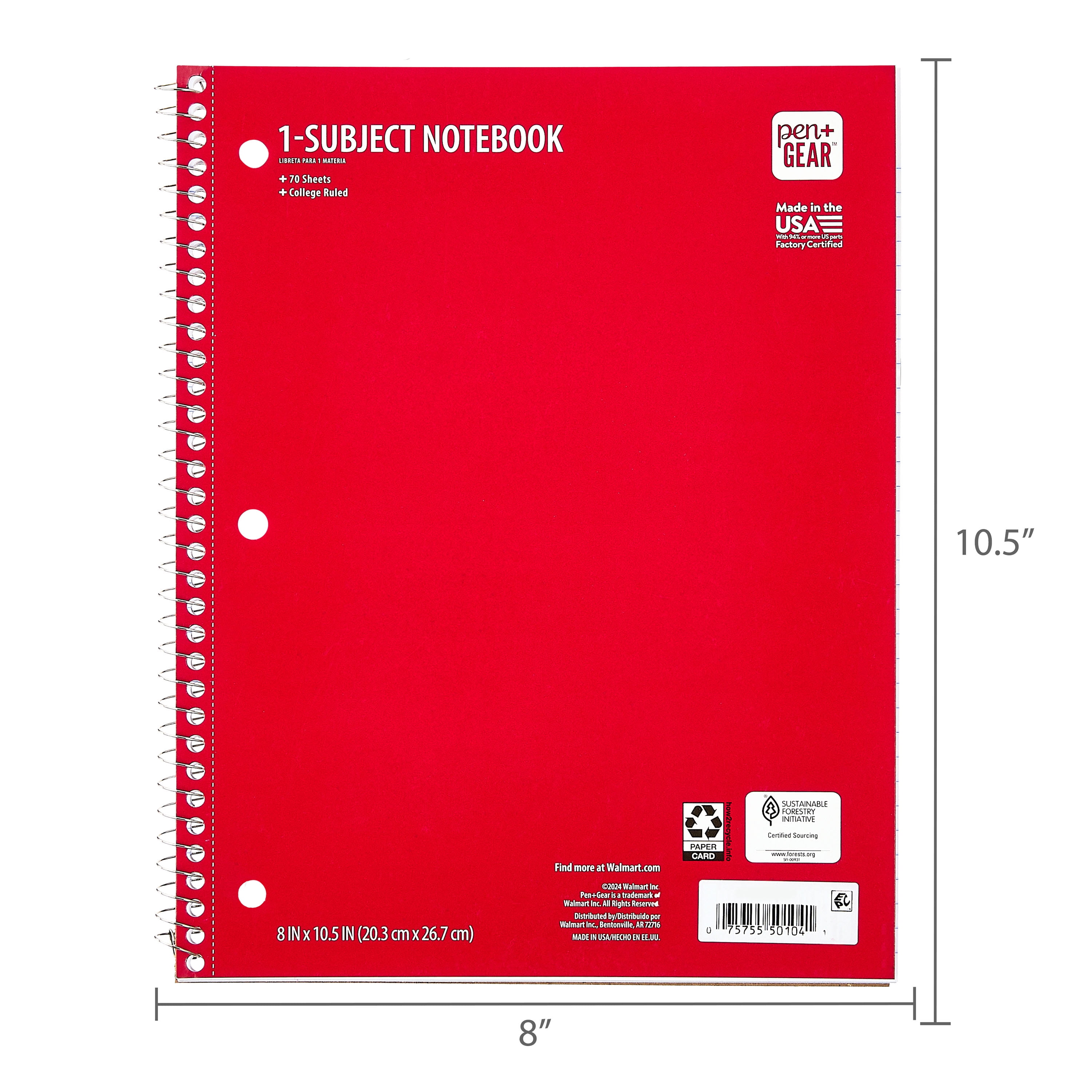 Pen+Gear College Ruled 1-Subject Notebook, 8" x 10.5", Red, 70 Sheets