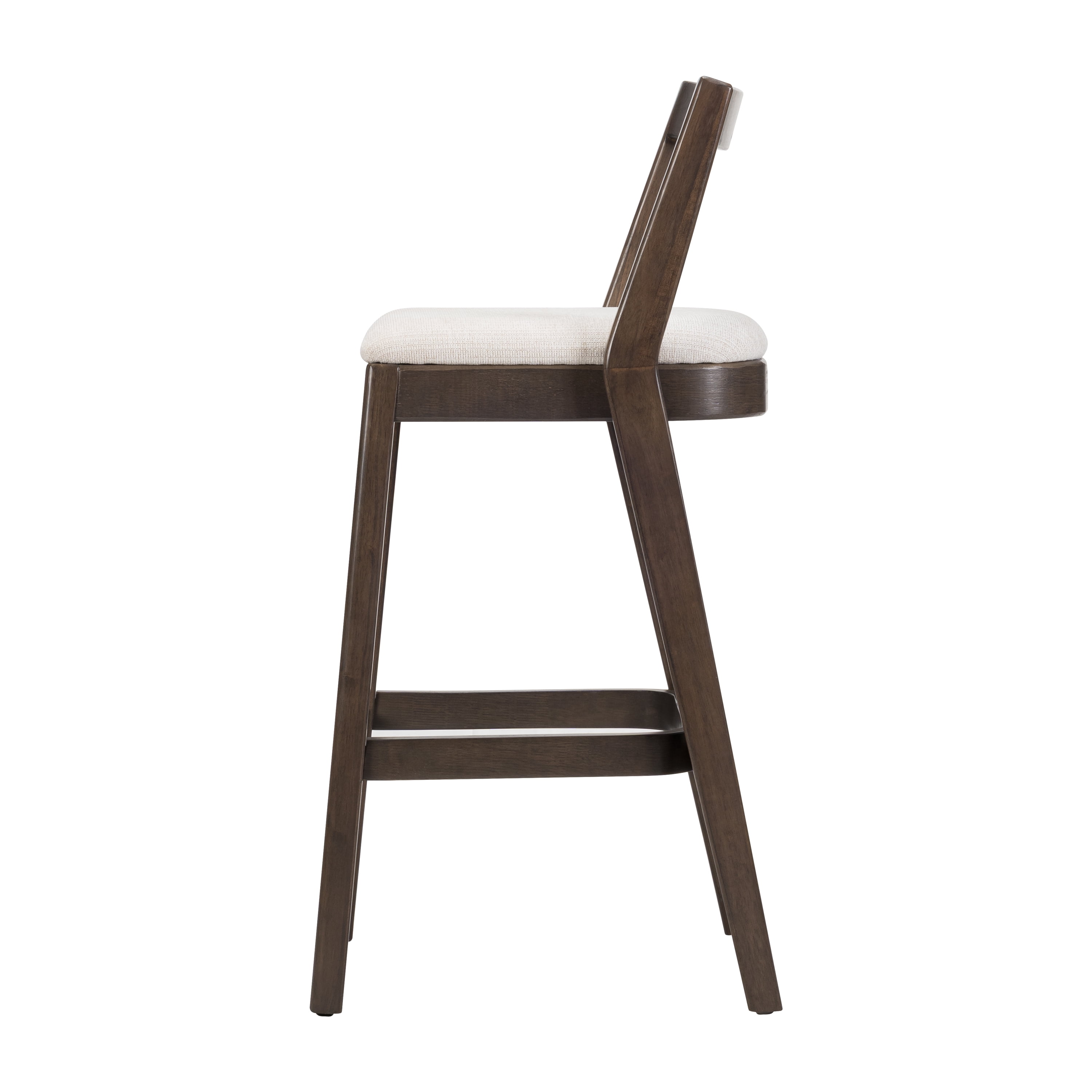 Counter Height Bar Stools, Rubberwood Stools with Beige Polyester Fabric Seat and Dark Brown Finish, Farmhouse Dining Stools for Kitchen, Breakfast Nook, Cafe, Set of 2