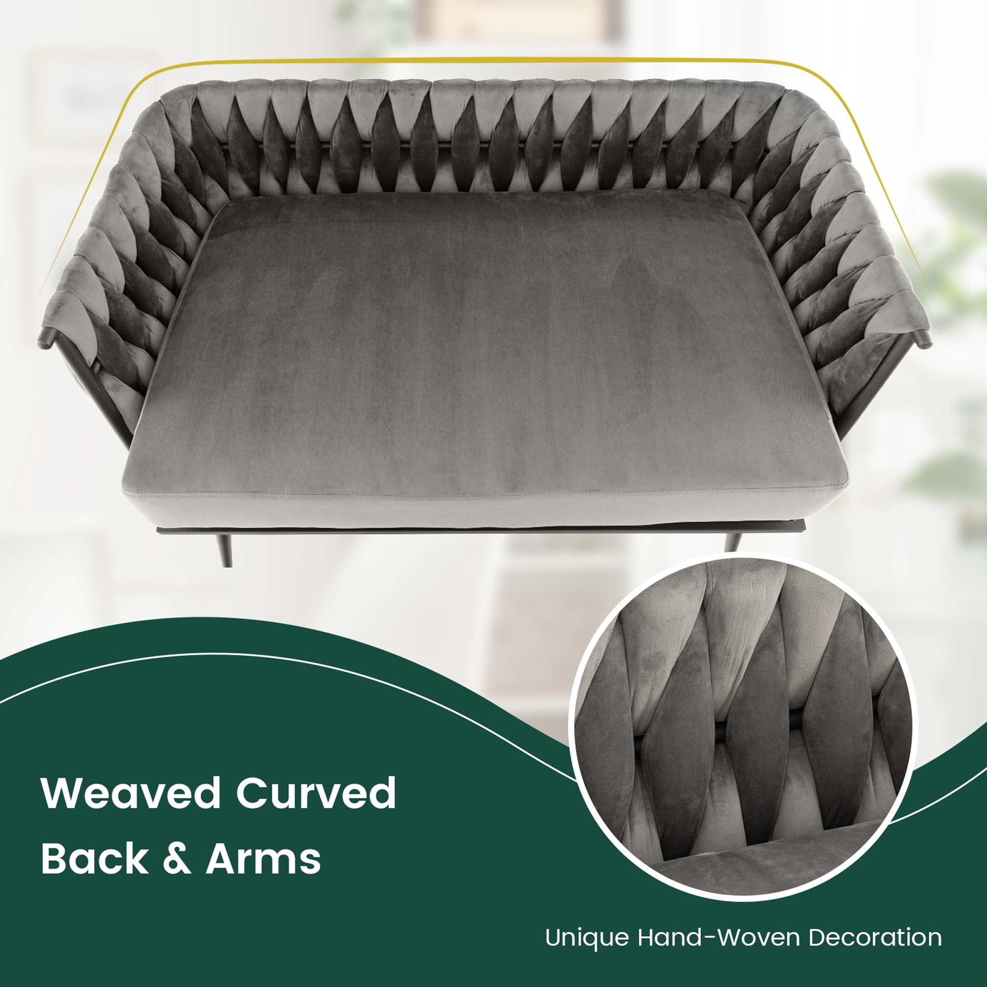 Costway Modern Loveseat Sofa Upholstered Dutch Velvet Couch with Woven Back & Arms Grey