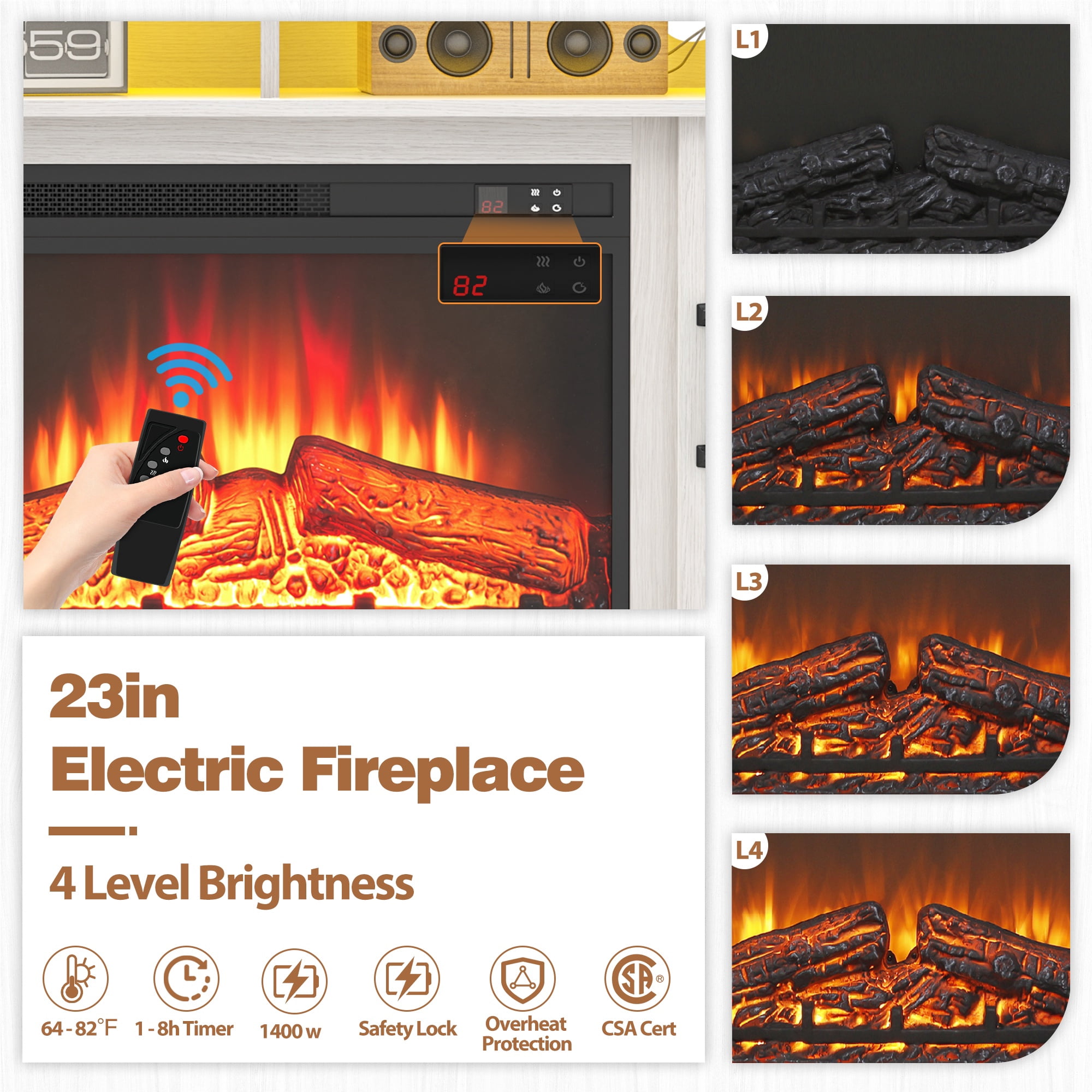 Paproos Fireplace TV Stand for 65 inch TV with LED Lights, 32.0in Tall TV Stand with 23'' Electric Fireplace, Entertainment Center for Living Room, 400 Sqt Heating Area, Black Tabletop&White Cabinet