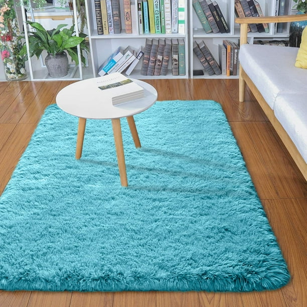 Alfombra Merelax, moderna, suave y esponjosa, peluda, 60 x 90 cm, color verde azulado