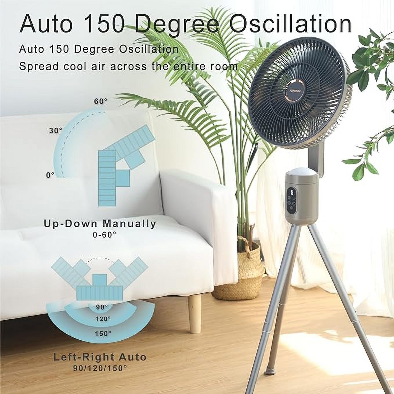 YOKEKON Oscillating Standing Fan, Outdoor Fan for Patios, Floor Fan with Rechargeable Battery for Room/Patio/Camping/Travel