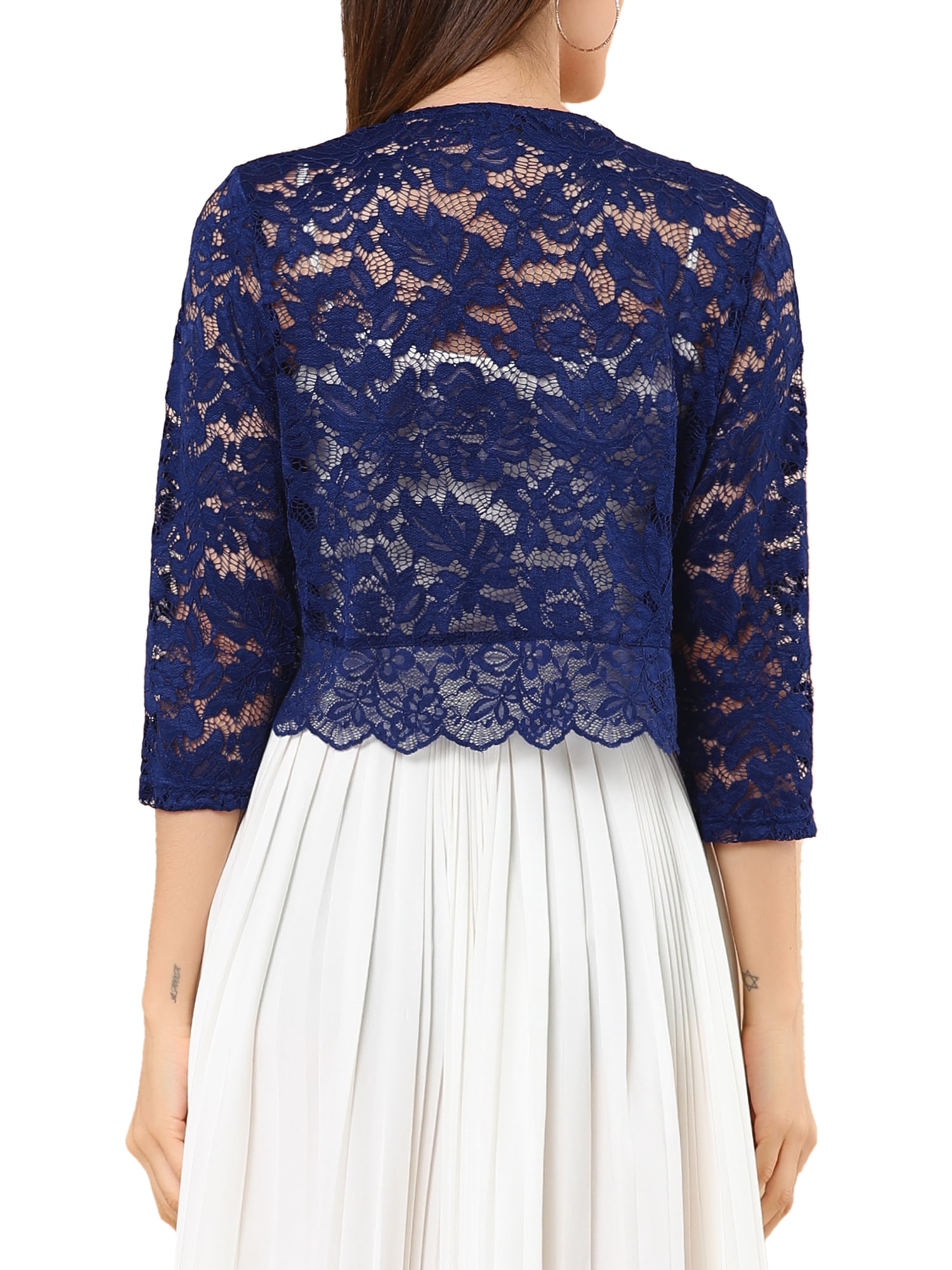 DARING DIVA 3/4 Sleeve Sheer Floral Lace Shrug Top 2XL Navy