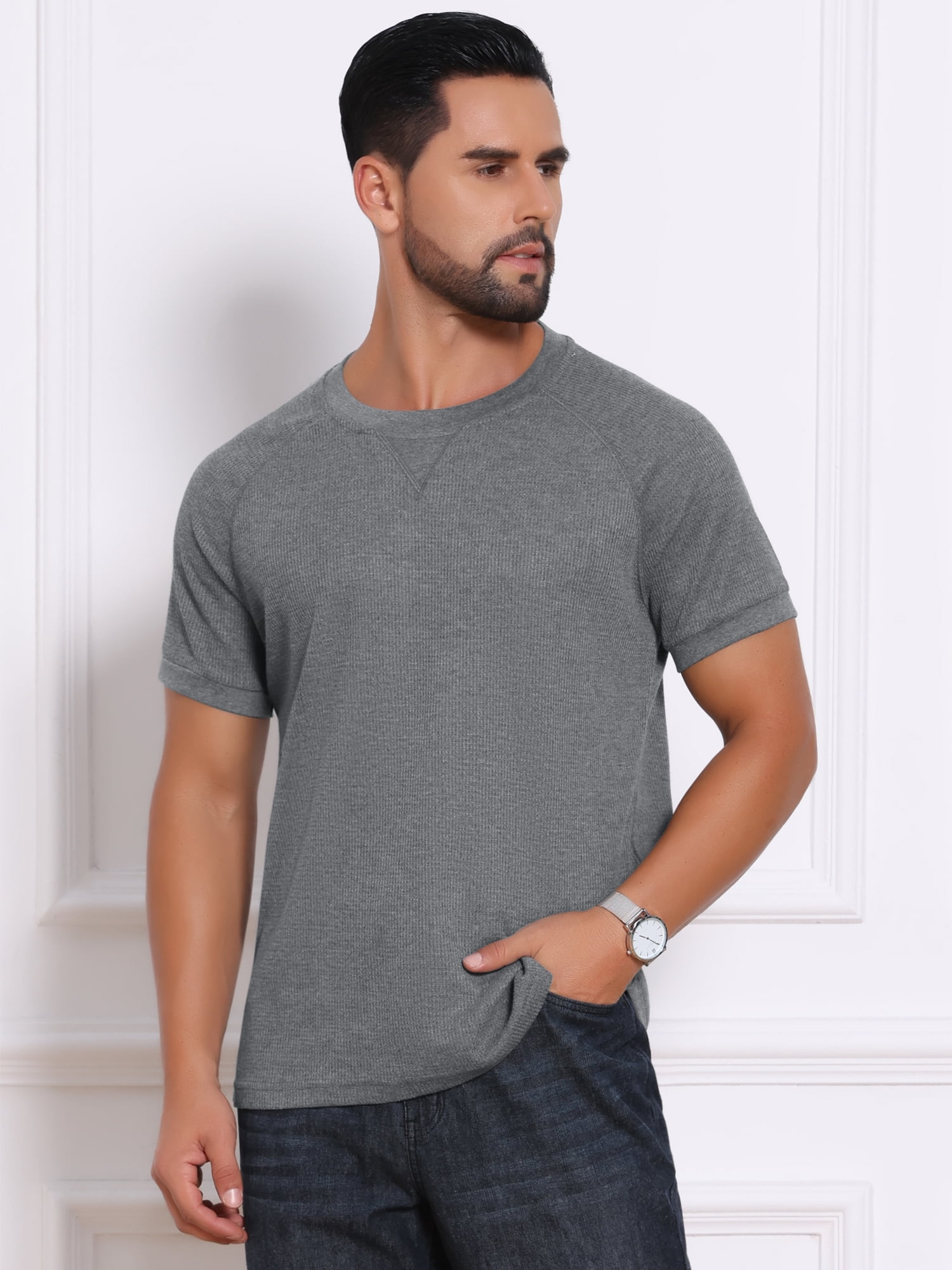 DARING DIVA Men's Waffle Fabric Classic Crew Neck Raglan Short Sleeves L Gray