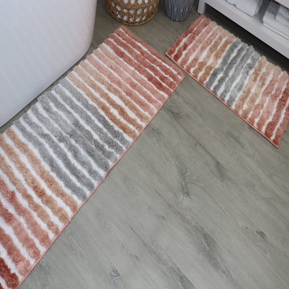 Bathroom Rugs Set of 2, Soft Microfiber Bath Mats, Absorbent & Quick Drying, Non-Slip Rubber Backing, Machine Washable Bathroom Floor Mats for Tub, Shower, Sink – 17x24, 21x54 Coral