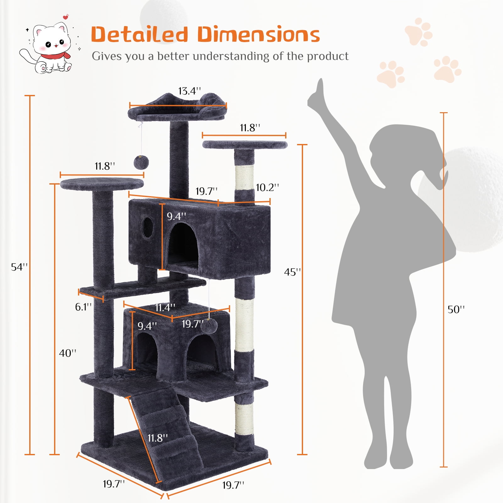 54" Multi-Level Cat Tree Tower with Sisal Scratching Post, Indoor Cat Climbing Tower with Ladder & Plush Toys for Rest & Play