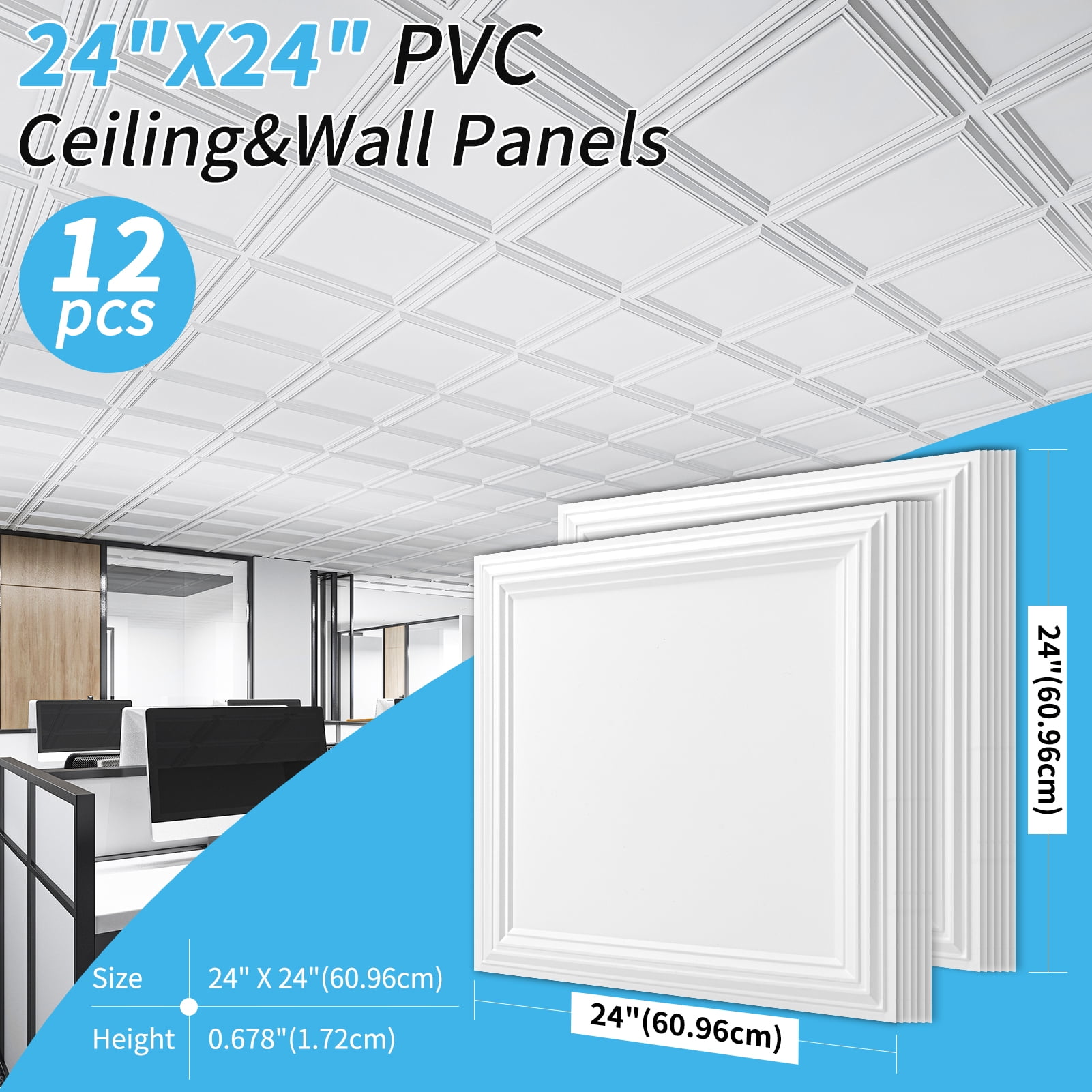 Art3d 24''x24'' Drop in Ceiling Tiles,12 Pcs 3D PVC Panels for Home, Office & Commercial Space,White